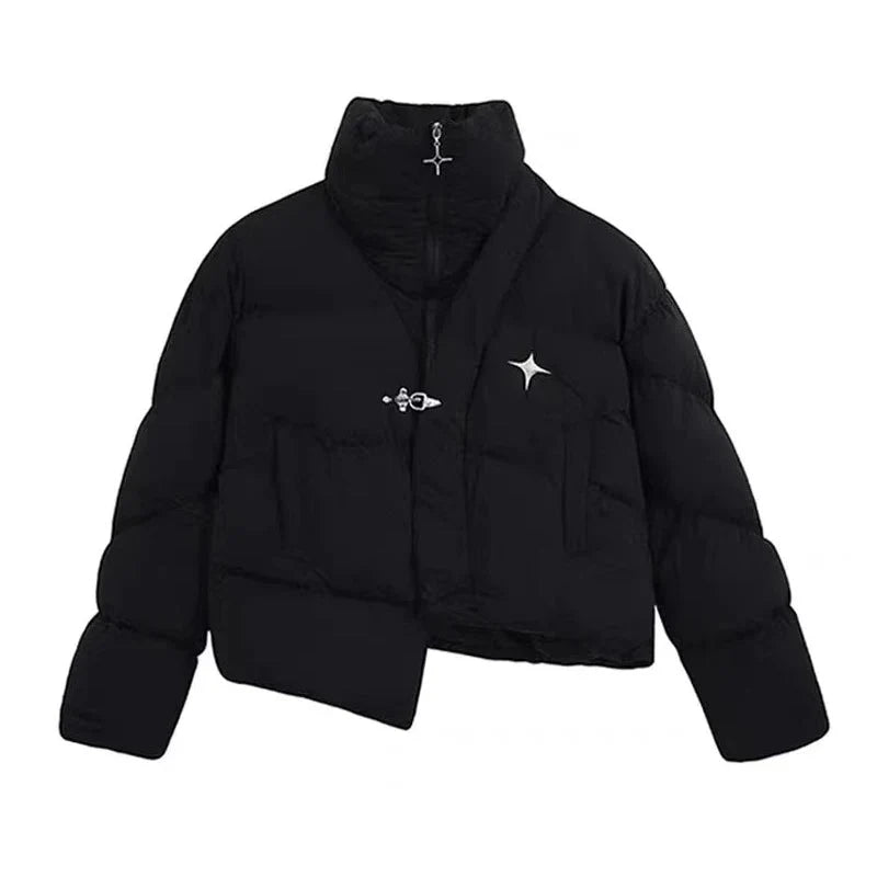 Asymmetric Collared Padded Puffer Jacket Coat — vista frontale