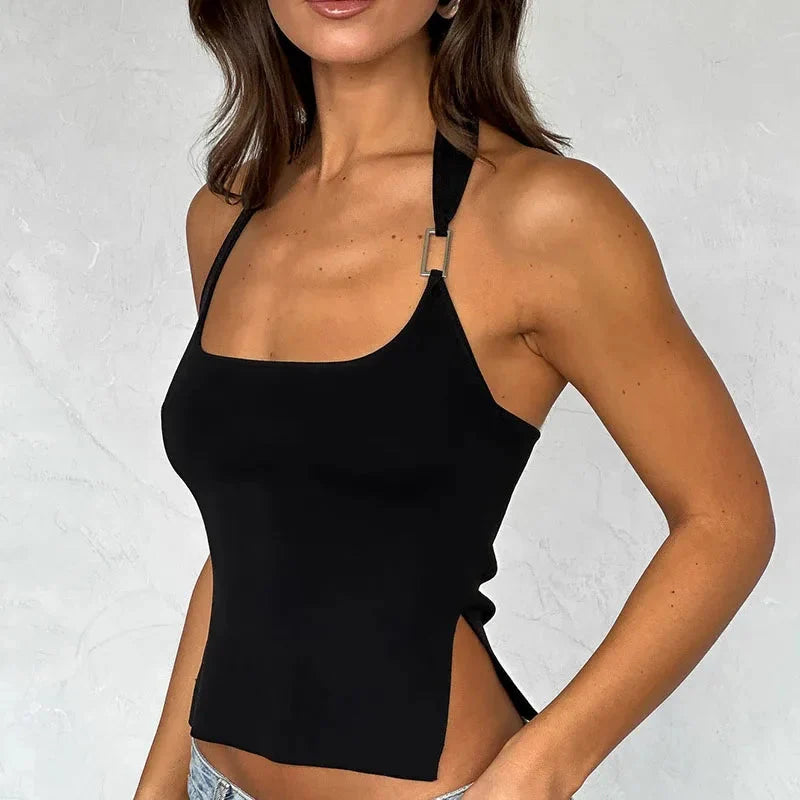 Backless Party Cropped Halter Top — vista laterale