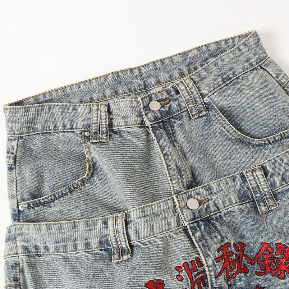Baggy Barrel Mock Two Piece Embroidered Jeans — vista laterale