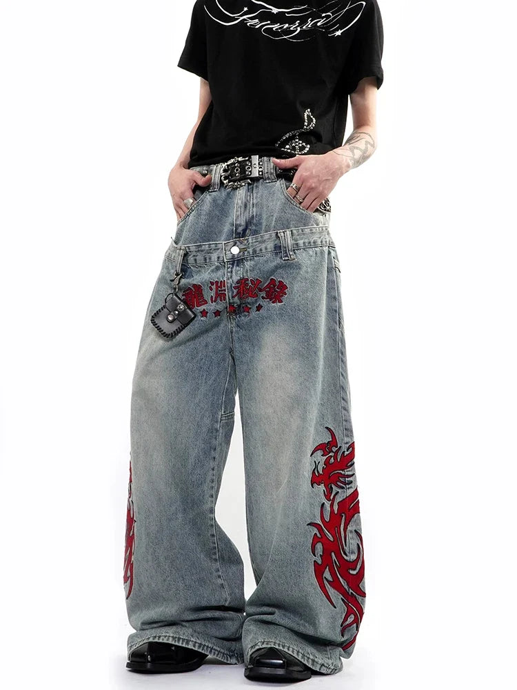 Baggy Barrel Mock Two Piece Embroidered Jeans — vista posteriore