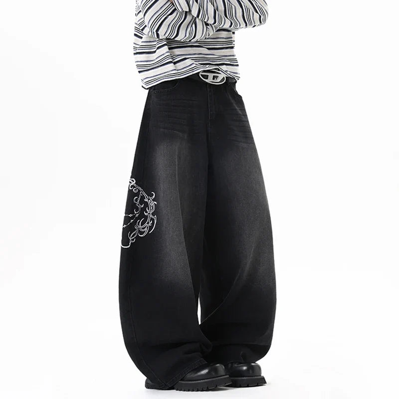 Baggy Black Accessorised Embroidered Jeans — vista posteriore