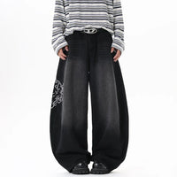 Baggy Black Accessorised Embroidered Jeans — vista frontale