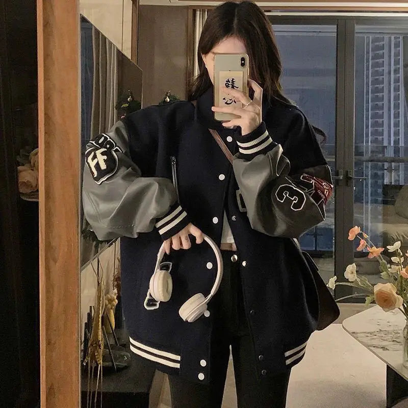Baggy Fit Black And Grey Varsity Jacket — vista laterale