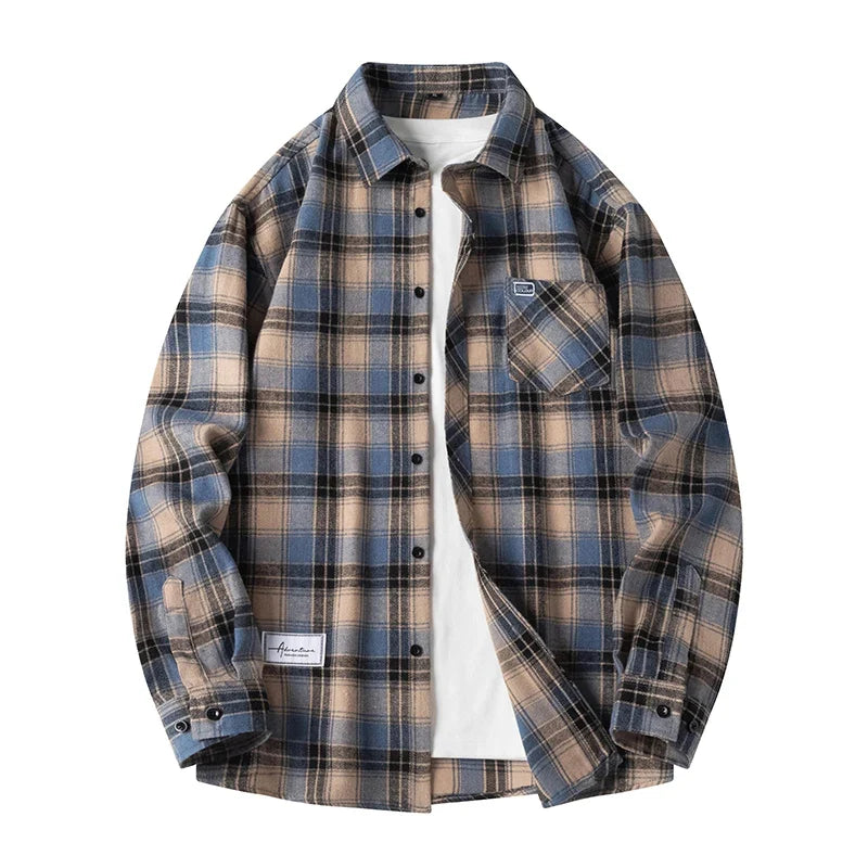 Baggy Plaid Long Sleeve Button Up Flannel Shirt — vista frontale