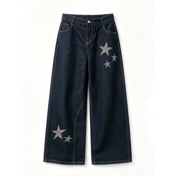 Baggy Star Embroidered Grunge Denim Jeans — vista frontale