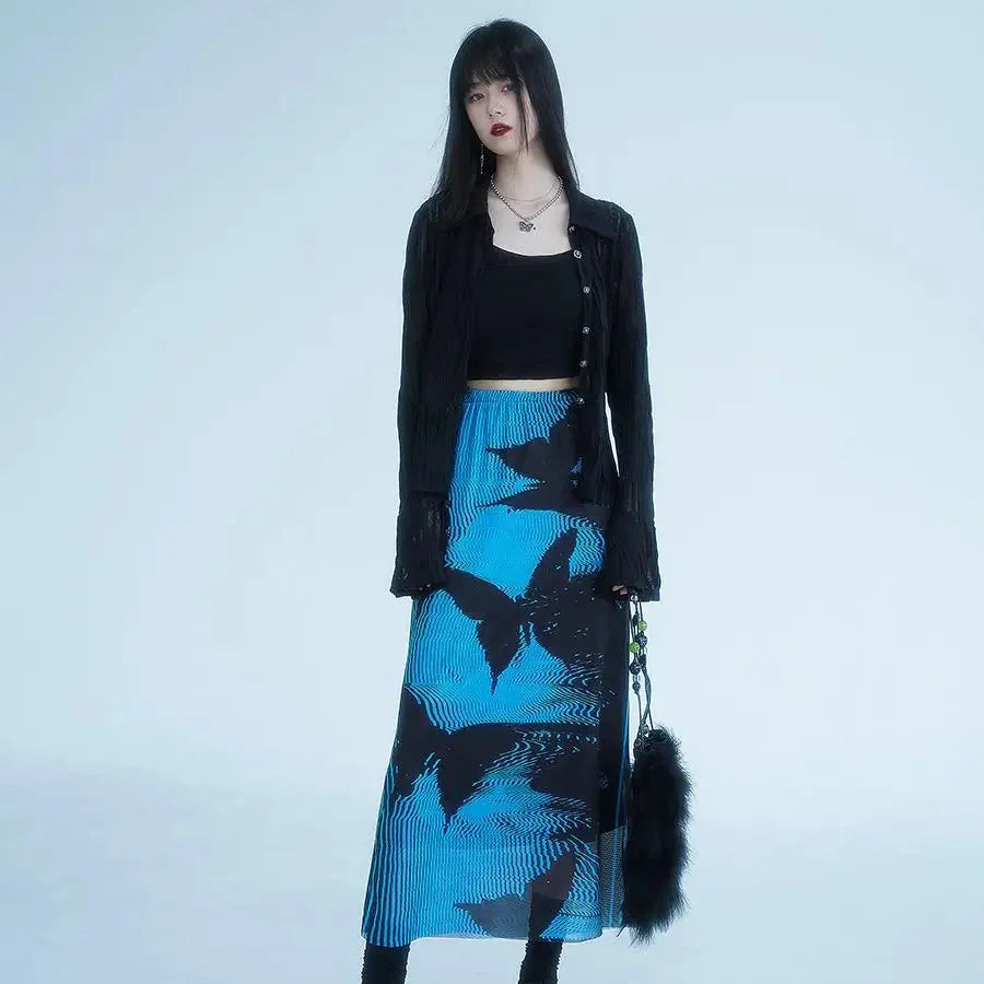 Black And Blue Butterfly High Waist Midi Mesh Skirt — vista frontale