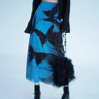 Black And Blue Butterfly High Waist Midi Mesh Skirt — vista posteriore