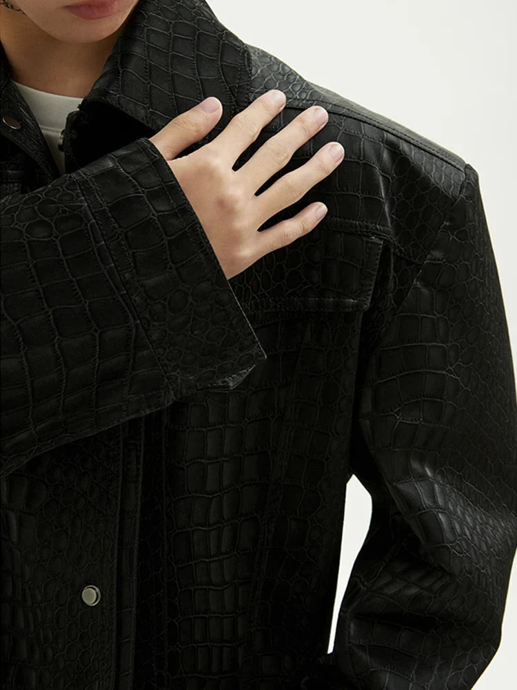 Black Crocodile Print Pu Leather Jacket — dettaglio
