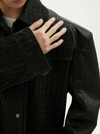 Black Crocodile Print Pu Leather Jacket — dettaglio