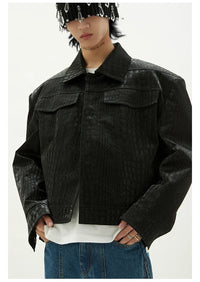 Black Crocodile Print Pu Leather Jacket — vista frontale