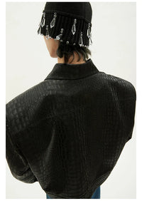 Black Crocodile Print Pu Leather Jacket — dettaglio della stampa