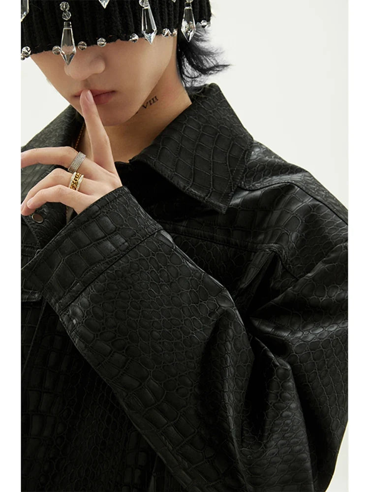 Black Crocodile Print Pu Leather Jacket — vista posteriore