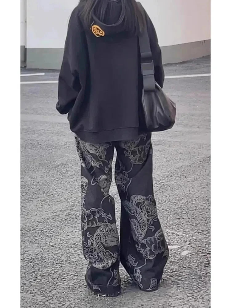 Black Dragon Print High Waist Straight Wide Leg Jeans — dettaglio della stampa
