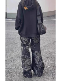 Black Dragon Print High Waist Straight Wide Leg Jeans — dettaglio della stampa