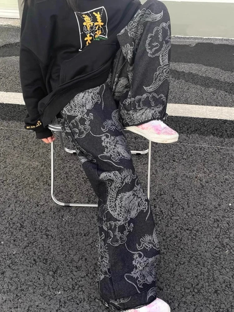 Black Dragon Print High Waist Straight Wide Leg Jeans — in alternativa