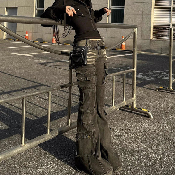 Y2K Black Low Waist Cargo Flared Jeans