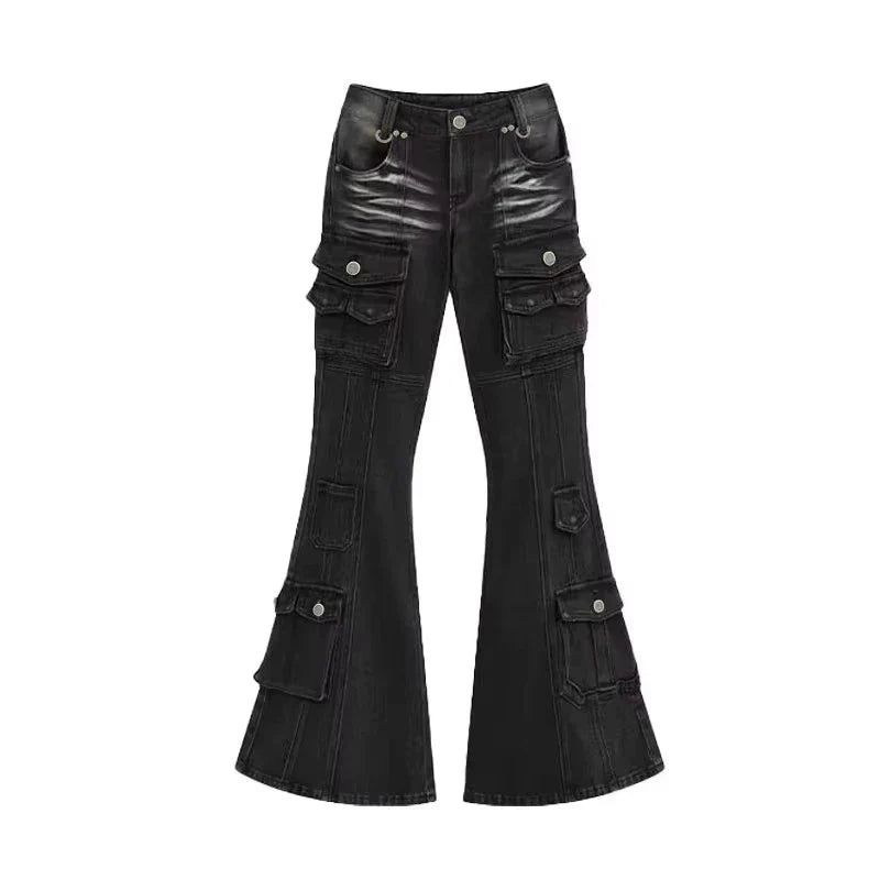 Black Low Waist Cargo Flared Jeans — vista frontale