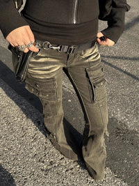 Black Low Waist Cargo Flared Jeans — dettaglio