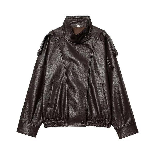Black Snap Button Faux Leather Jacket — vista frontale