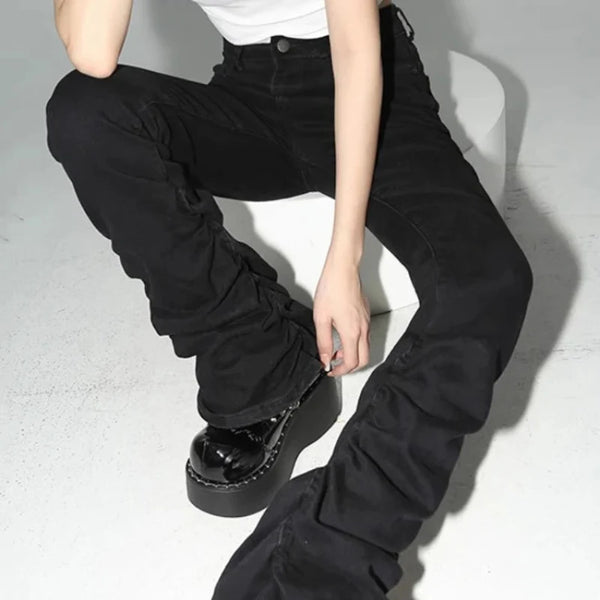 Y2K Black Stacked High Waist Flare Jeans