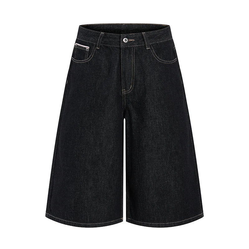 Black Wash Baggy Long Denim Shorts Jorts — vista frontale