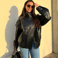 Black Womens Chef Button Faux Leather Jacket — in alternativa