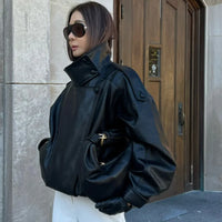 Black Womens Chef Button Faux Leather Jacket — vista laterale