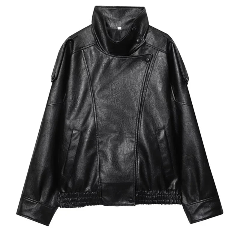 Black Womens Chef Button Faux Leather Jacket — vista frontale