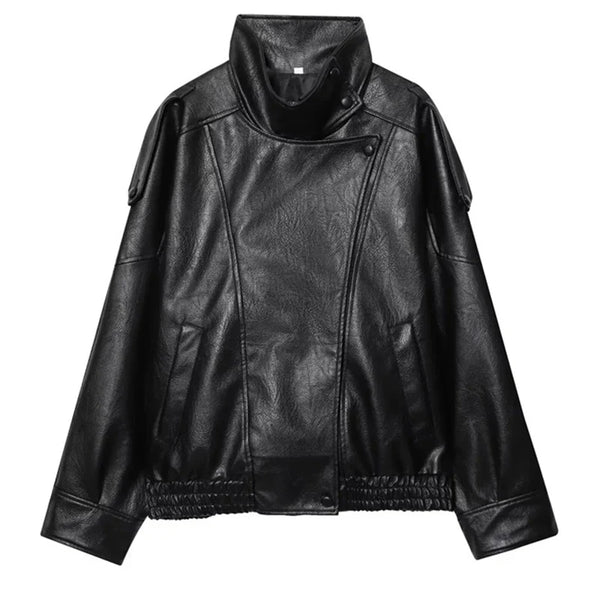 Black Womens Chef Button Faux Leather Jacket — vista frontale