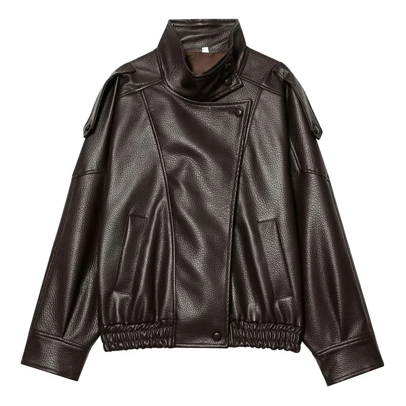 Black Womens Chef Button Faux Leather Jacket — dettaglio