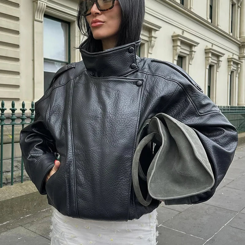 Black Womens Chef Button Faux Leather Jacket — dettaglio della stampa