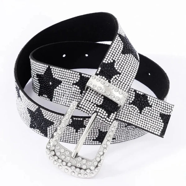 Bling Bling Star Rhinestone Faux Leather Belt — vista frontale