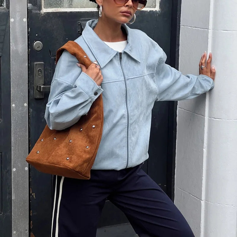 Blue Faux Suede Leather Jacket — dettaglio