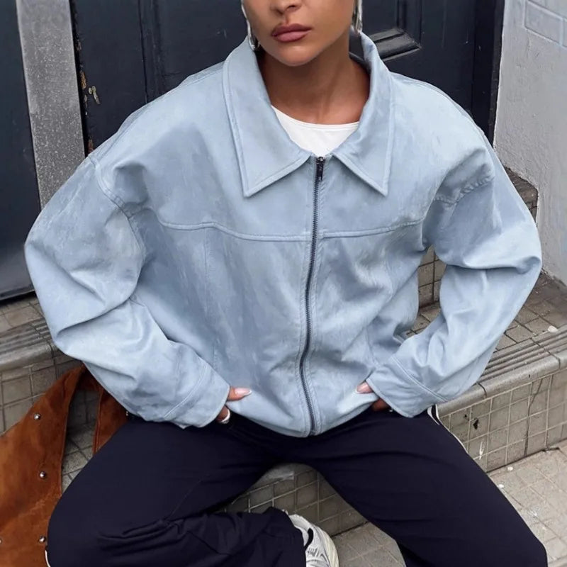 Blue Faux Suede Leather Jacket — vista frontale