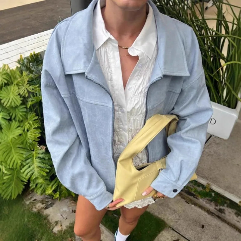 Blue Faux Suede Leather Jacket — vista posteriore