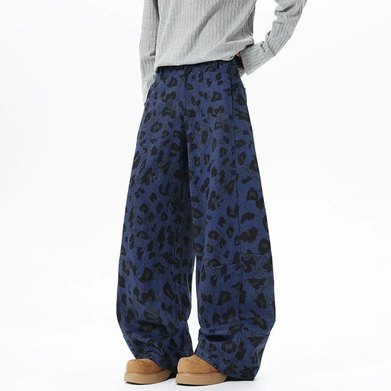 Blue Leopard Print Wide Leg Barrel Denim Jeans — dettaglio
