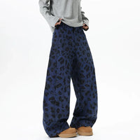 Blue Leopard Print Wide Leg Barrel Denim Jeans — vista laterale