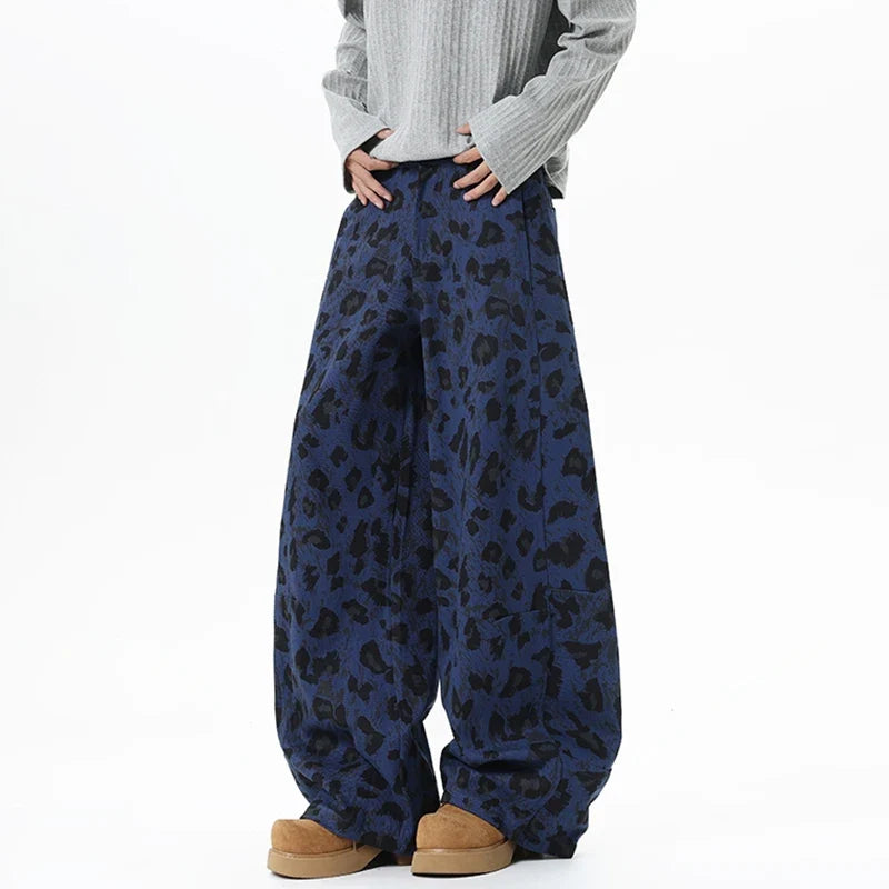 Blue Leopard Print Wide Leg Barrel Denim Jeans — vista posteriore