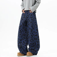 Blue Leopard Print Wide Leg Barrel Denim Jeans — vista posteriore