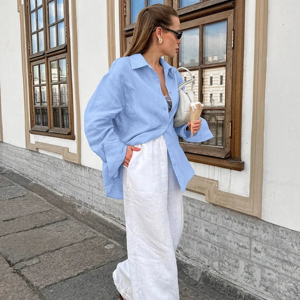 Blue Long Sleeve Button Up Blouse Shirt — vista frontale