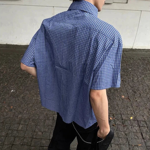 Blue Plaid Button Down Short Sleeve Shirt — vista posteriore