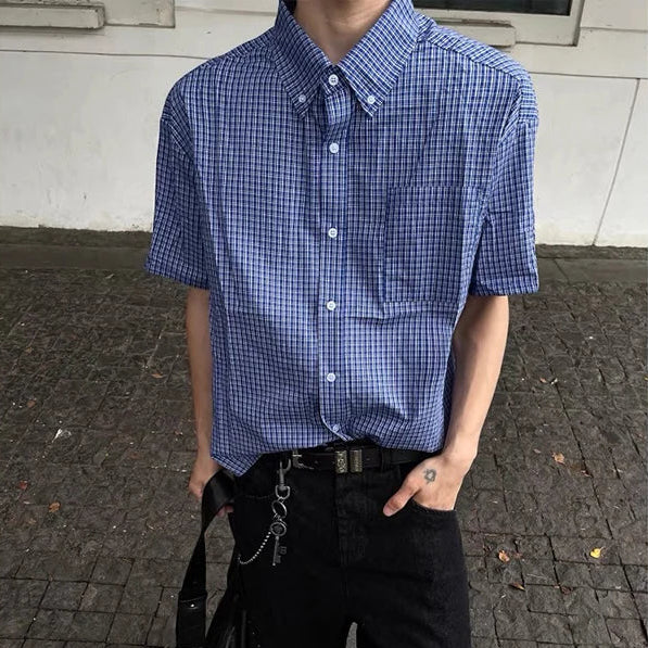 Blue Plaid Button Down Short Sleeve Shirt — dettaglio