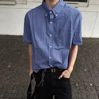 Blue Plaid Button Down Short Sleeve Shirt — dettaglio