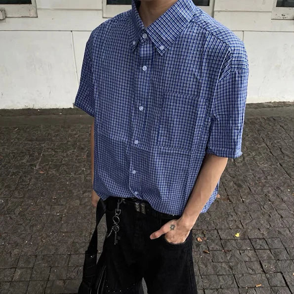 Blue Plaid Button Down Short Sleeve Shirt — vista frontale