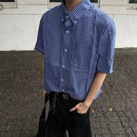 Blue Plaid Button Down Short Sleeve Shirt — vista frontale
