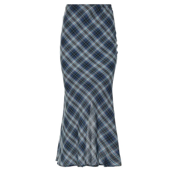Blue Plaid Mermaid Fishtail Long Maxi Skirt — vista frontale