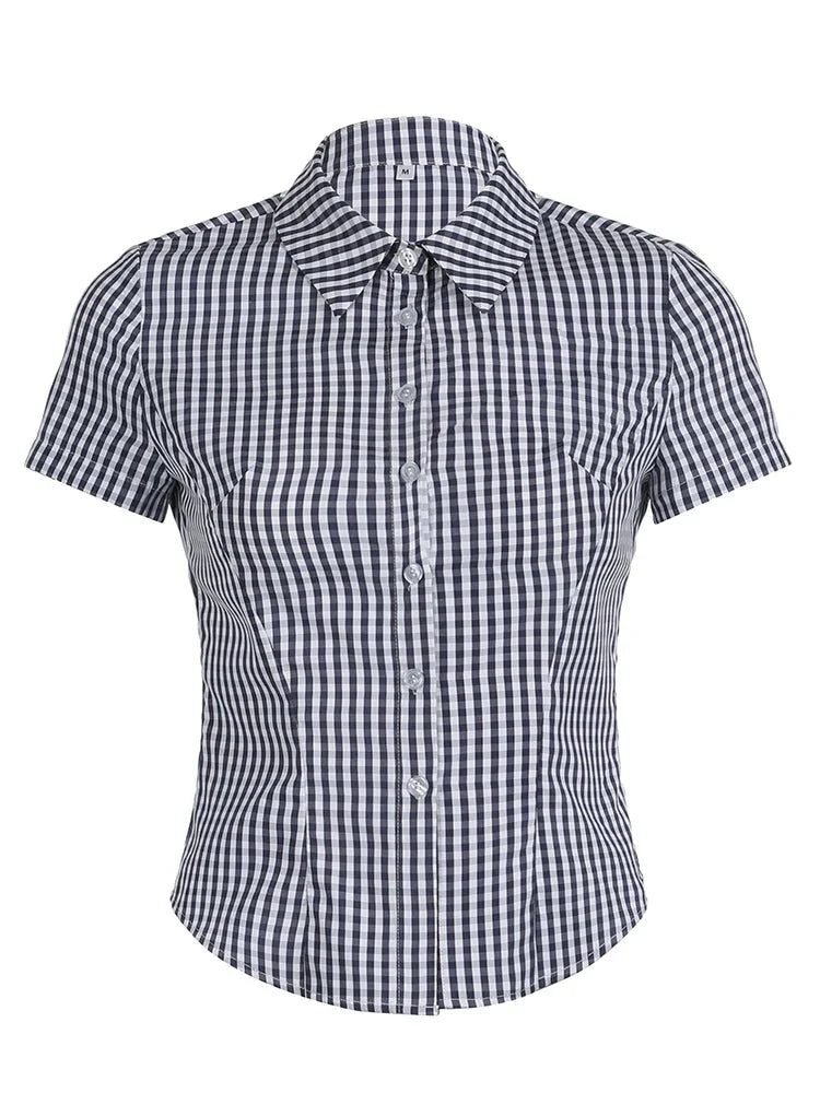 Blue Plaid Slim Button Up Short Sleeve Blouse Shirt — dettaglio della stampa