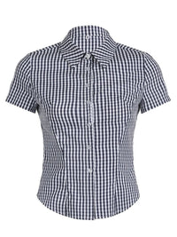 Blue Plaid Slim Button Up Short Sleeve Blouse Shirt — dettaglio della stampa