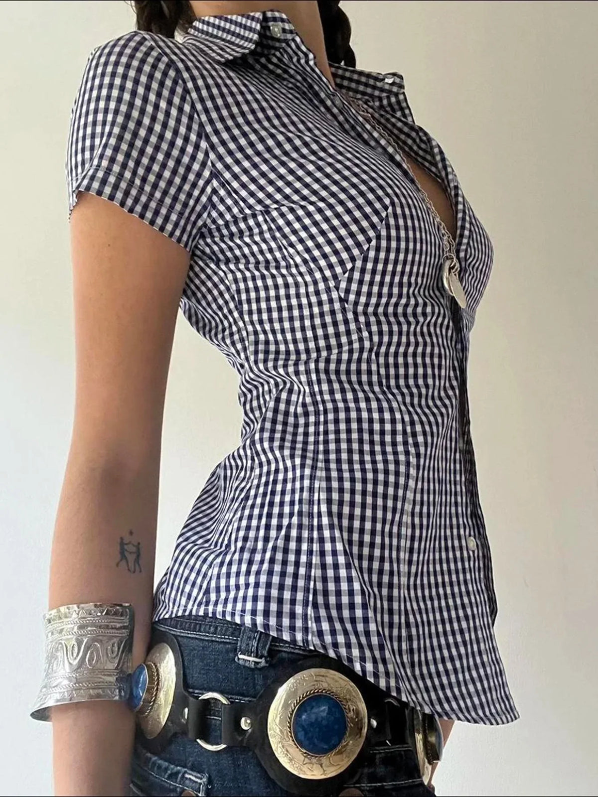 Blue Plaid Slim Button Up Short Sleeve Blouse Shirt — dettaglio