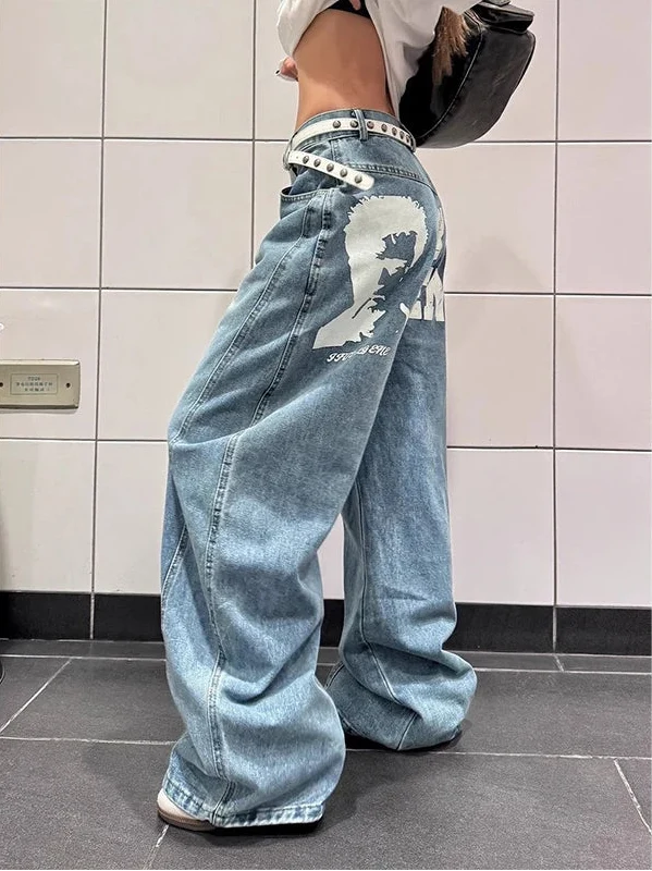 Blue Vintage Graphic High Waisted Baggy Jeans — dettaglio